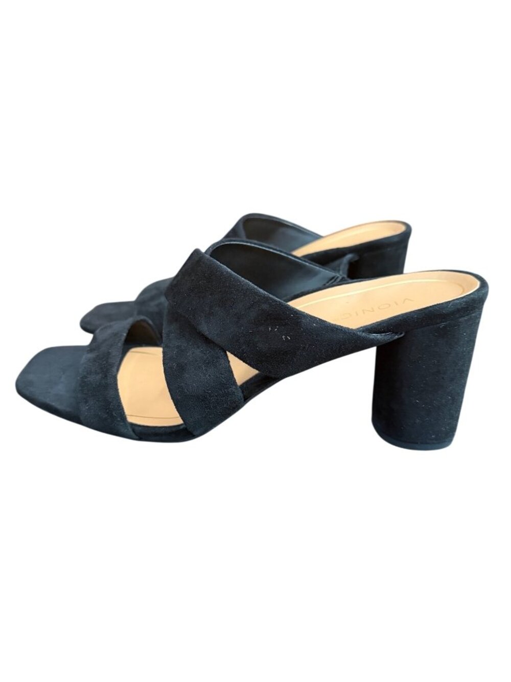 Vionic Black Suede Block Heel Sandals Size 10 With Criss-Cross Straps & 3" Heels
